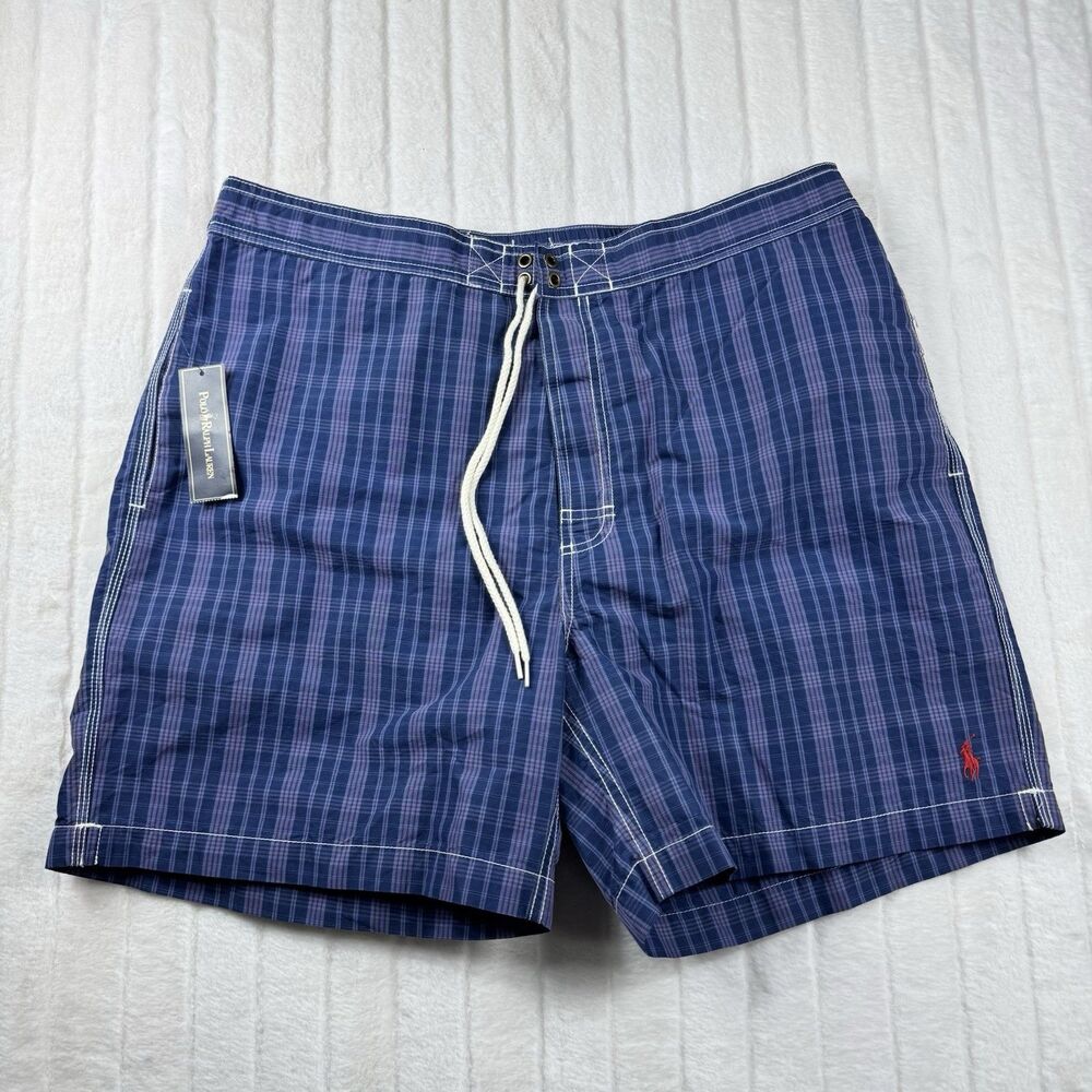 Polo Ralph Lauren Swim Trunks Shorts Men XL Blue Plaid Mesh Lined Drawstring NWT